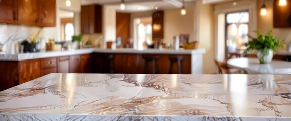 A marble countertop in a kitchen with a blurred background of wooden cabinets, a dining table, and a potted plant