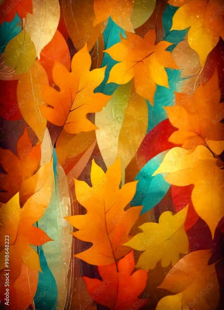 Poster a digital illustration featuring a vibrant array of autumn leaves in various shades of orange, yello