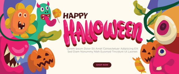 happy halloween banner concept. abstract geometric liquid form. monster halloween with hand drawn banner template vector illustration.