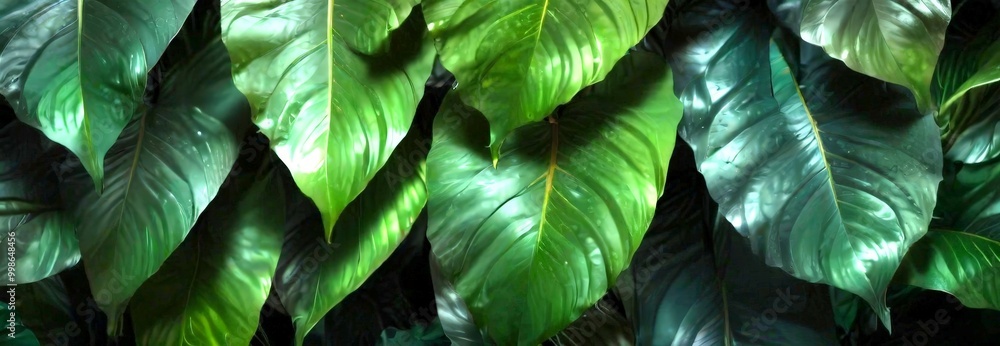 Poster a close-up view of lush, green leaves with a glossy, reflective surface, creating a dense, textured 