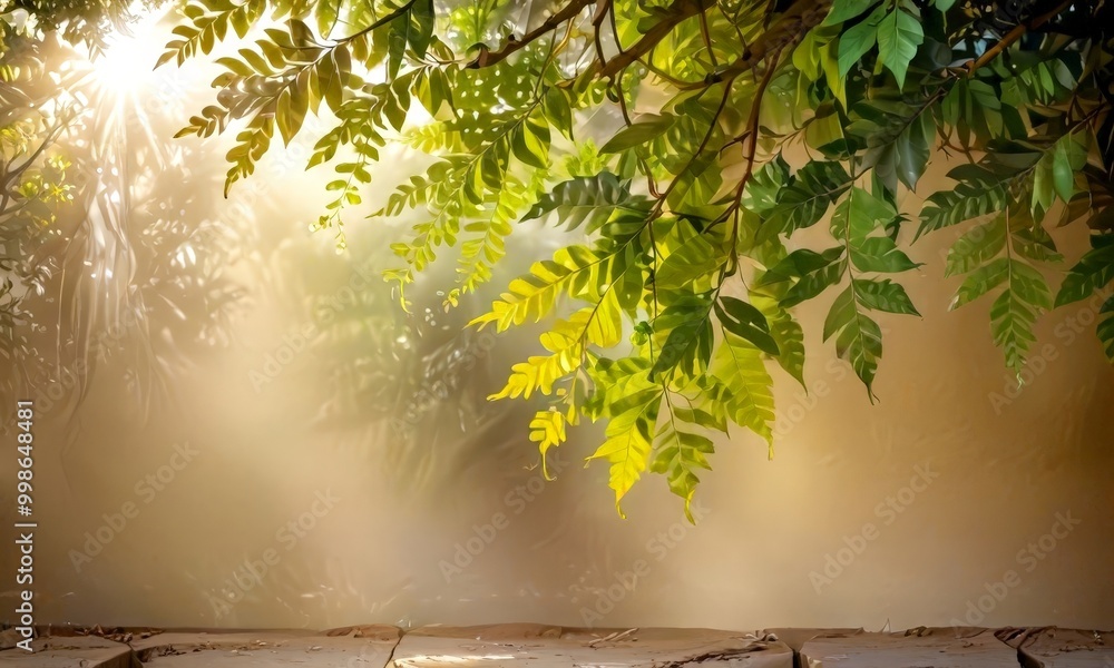 Poster sunlight filters through the lush green leaves tree, casting a warm glow on the surrounding area