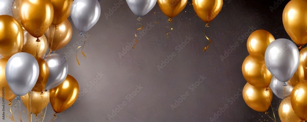 Poster a festive scene with gold and silver balloons floating against a dark background, with confetti and 