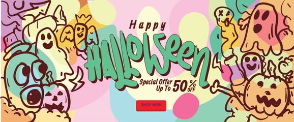 Fototapeta premium happy halloween banner concept. abstract geometric liquid form. monster halloween with hand drawn banner template vector illustration.