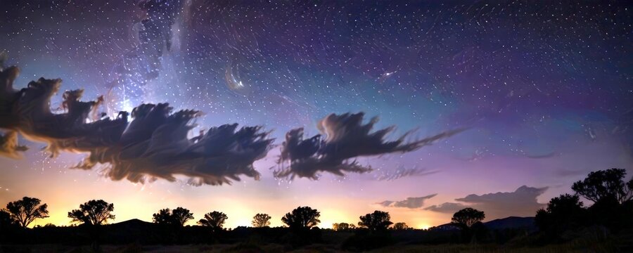 A night sky filled with stars and a glowing Milky Way galaxy, with a silhouetted landscape of trees and hills in the foreground