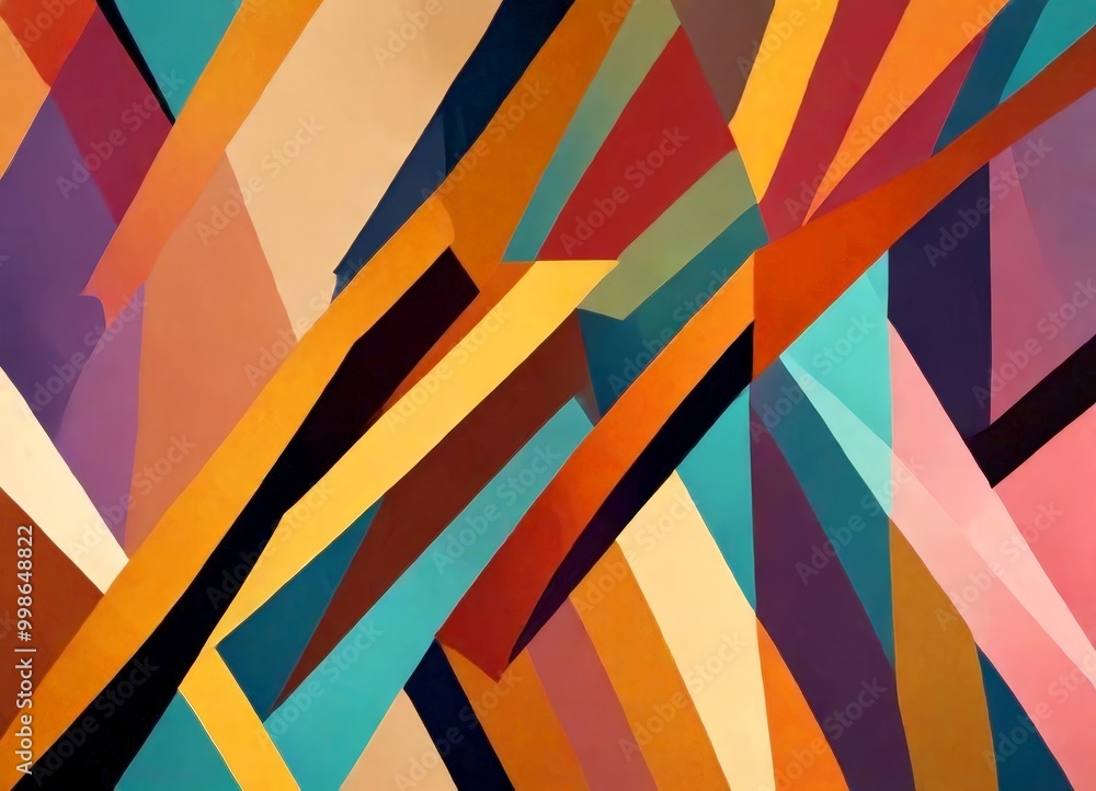 Poster an abstract composition featuring intersecting lines and shapes in a variety of vibrant colors, including shades of orange, yellow, green, blue, and pink