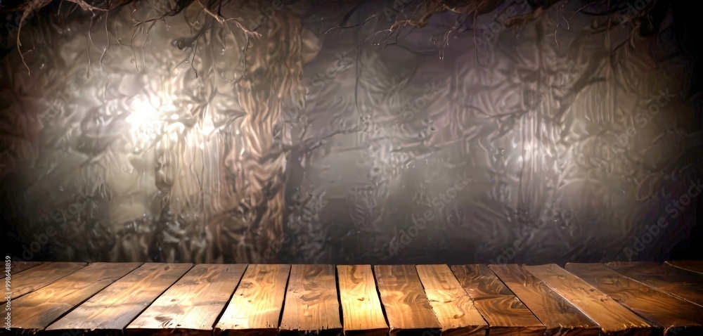 Poster a dark, moody featuring a wooden table in the foreground, with a textured, dark background that appe