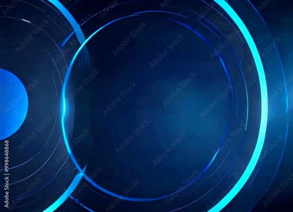 Poster a dark blue background with a circular pattern of blue lines and a large blue circle in the center