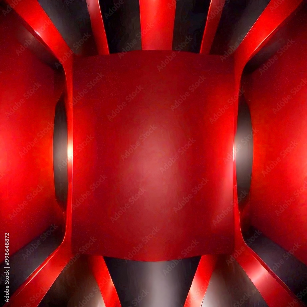 Poster a striking abstract composition featuring a large, red square in the center, surrounded by a symmetrical arrangement of red and black stripes on either