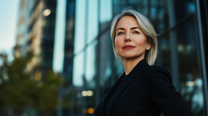 Fototapeta premium A distinguished middle-aged Caucasian woman in a crisp black suit gazes into the distance, her posture radiating confidence and experience, with the blurred modern architecture of