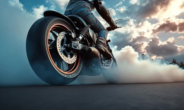 A motorcycle performing a burnout on a road with smoke and clouds.