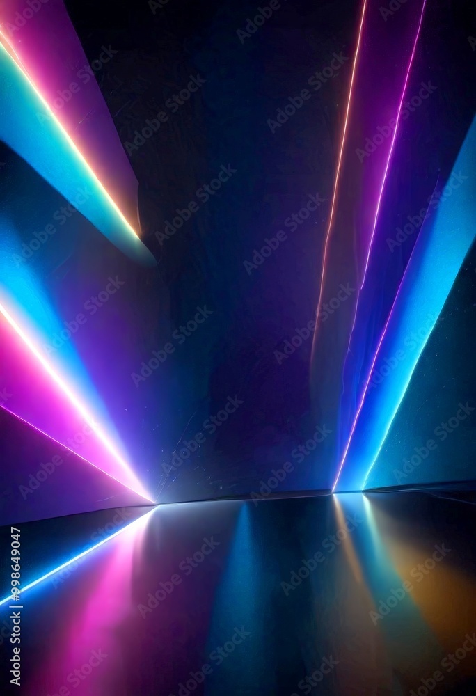 Poster a futuristic, abstract scene with a dark background and vibrant, colorful lights The lights are arranged in a diagonal pattern, creating a sense of movement and dynamism