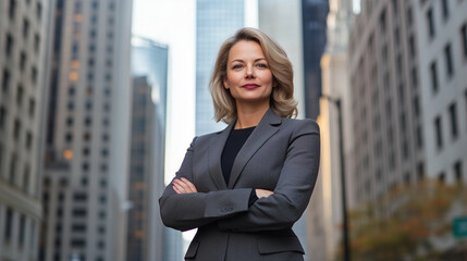 Fototapeta premium A middle-aged Caucasian woman in a tailored charcoal grey suit stands outdoors, her professional demeanor matched by the blurred cityscape of high-rise business buildings behind he