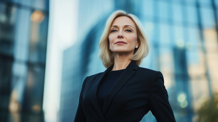 A confident, mature European woman stands outdoors in a sleek black suit, her focused gaze and calm expression framed by the blurry backdrop of a modern business center, reflecting