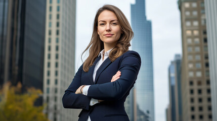 The portrait of a seasoned businesswoman, sharply dressed in a navy suit, standing outdoors with her arms crossed, the blurred backdrop of towering skyscrapers symbolizing her prof