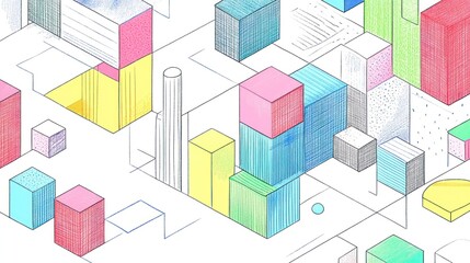 Abstract geometric illustration with colorful cubes and lines on white background.