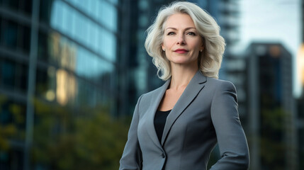 The portrait of a mature Caucasian woman, dressed impeccably in a tailored grey suit, standing outdoors with a business center softly blurred in the background, highlighting her pr