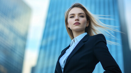 A distinguished European businesswoman in a tailored suit stands outdoors, her posture exuding authority as the blurry skyline of a business center adds a dynamic backdrop to her c