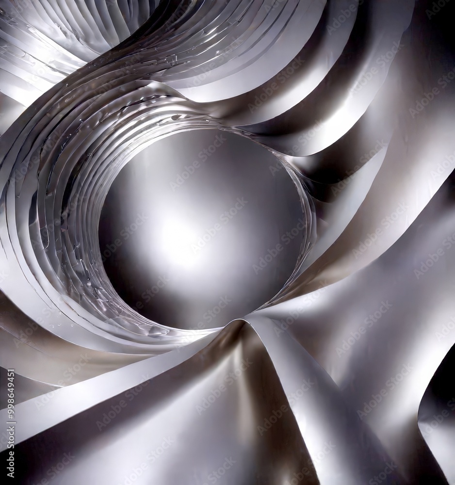 Poster a close-up view silver-colored metal sculpture with a central circular opening, surrounded by a wave