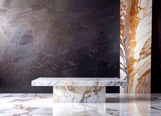 a marble table with a dark background, featuring a marble slab with a marble pattern and a marble wall with a marble pattern