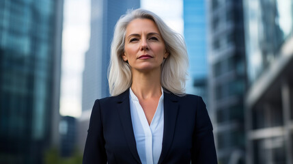 Fototapeta premium A middle-aged European woman stands outdoors in a crisp business suit, her expression focused and determined, with the blurry skyscrapers of a bustling business district in the bac