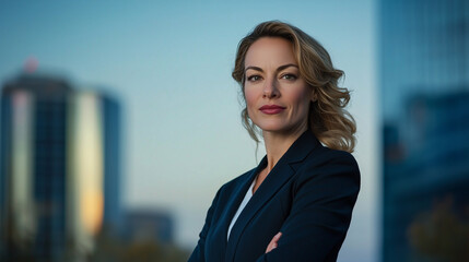 A confident and mature Caucasian businesswoman in a dark suit stands in front of a softly blurred modern cityscape, her poised demeanor and sharp features reflecting leadership and