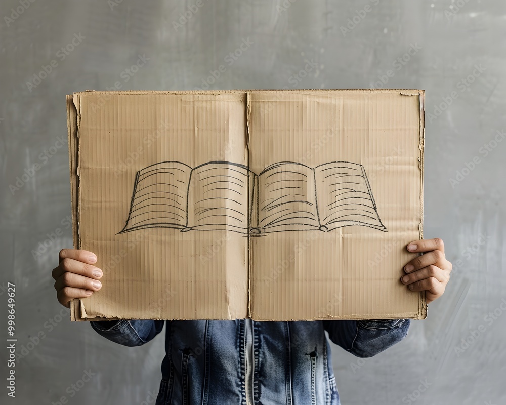 Poster person holding cardboard sign with doodle of open book symbolizing knowledge or desire to learn
