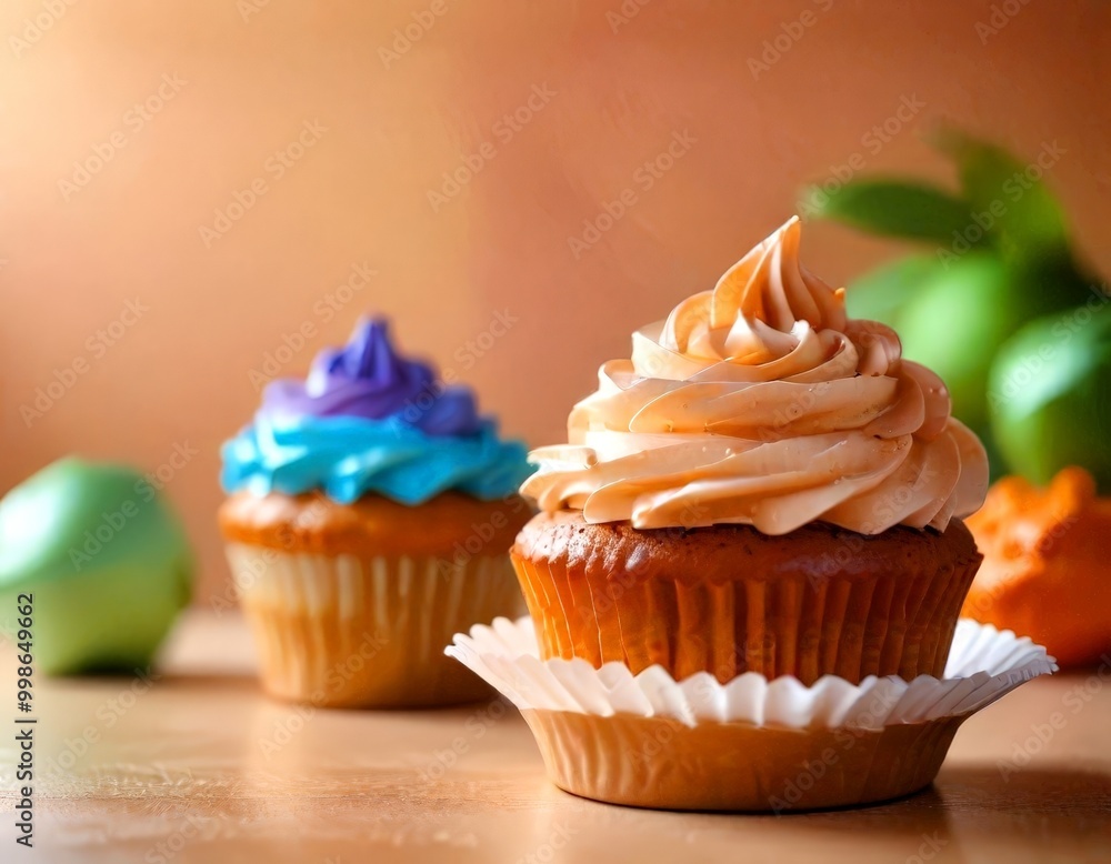 Aufkleber two cupcakes with colorful frosting sit on a wooden surface, with a blurred background of green and 