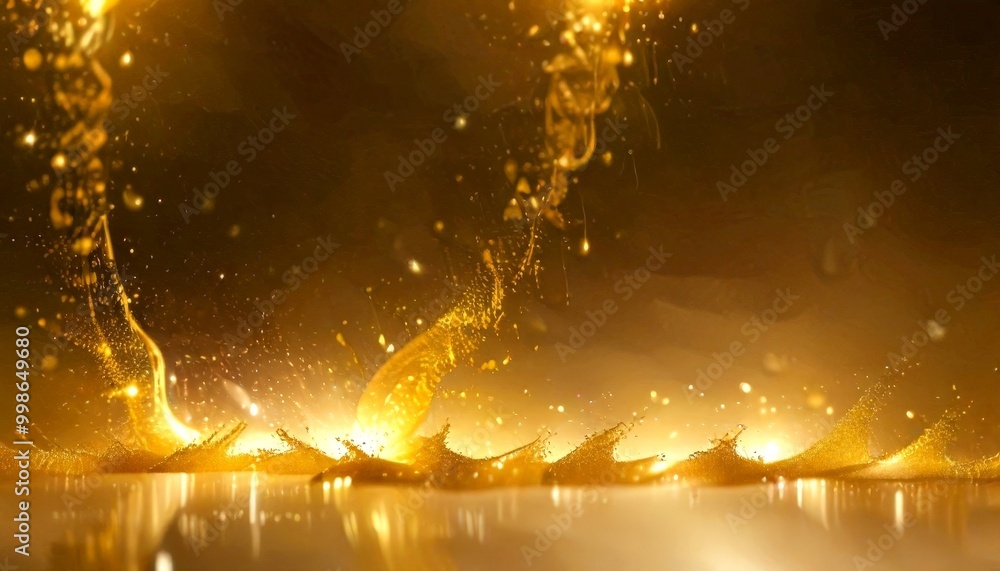 Poster a dynamic scene of golden liquid splashing and swirling, creating a sense of movement and energy the