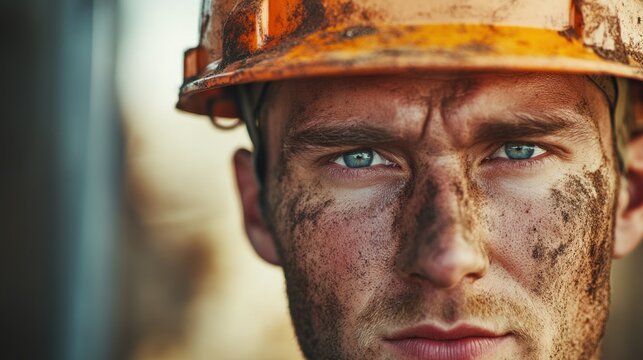 Close up portrait of a construction worker with dirt on his face.