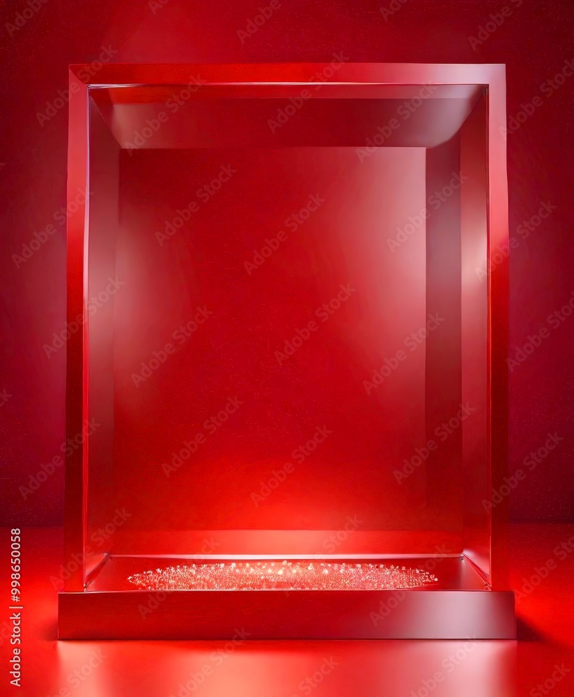 Poster A red glass display case with a circular base and a red background, illuminated from below