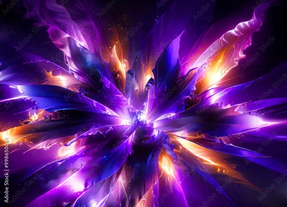 Poster a vibrant explosion of purple, orange, and yellow hues, creating a dynamic and visually striking com