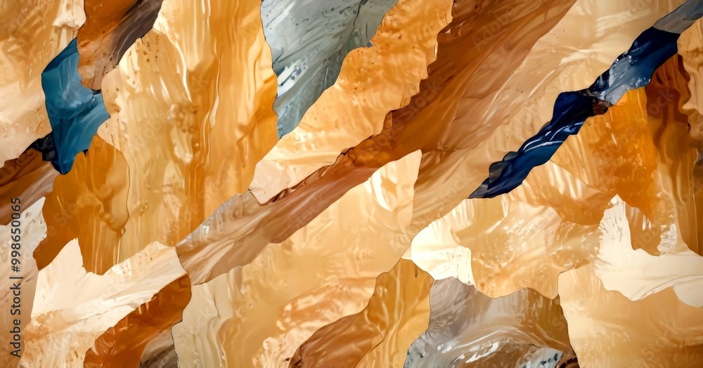 Aufkleber an abstract painting featuring a complex interplay of warm and cool colors, with a sense of depth an