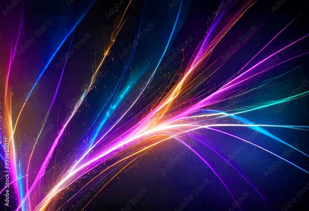 Poster a vibrant abstract composition of colorful, curved lines and streaks of light against a dark background, creating a dynamic and visually striking effect