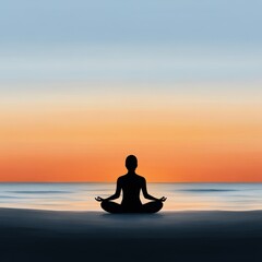 Fototapeta premium Silhouette of a person meditating by the ocean at sunset, calm and serene atmosphere.