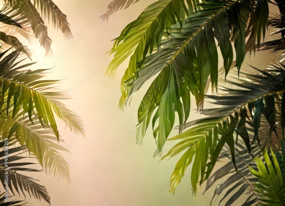 Poster a lush tropical scene with palm leaves in various shades of green, creating a sense of depth and per