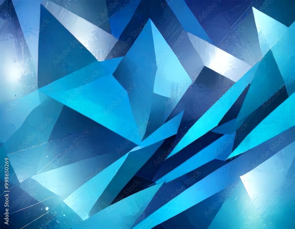 Poster a digital art piece featuring a complex arrangement of blue and white triangular shapes, creating a visually striking and abstract composition