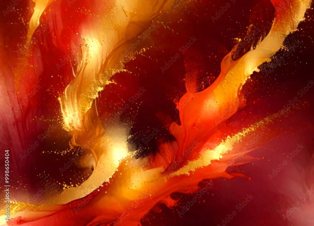 Aufkleber an abstract digital artwork featuring a dynamic interplay of red, orange, and yellow hues, with splashes of gold and white adding depth and texture The
