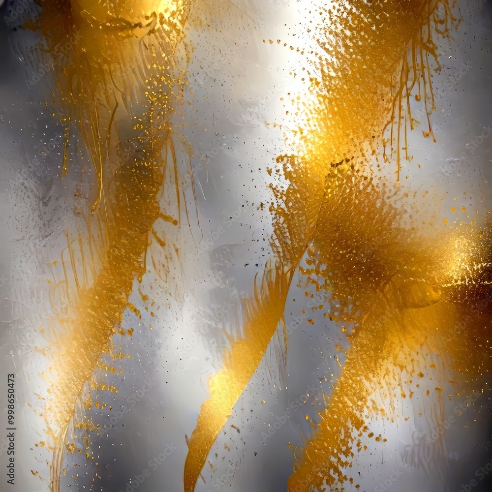Poster a close-up view textured surface with a pattern of gold and gray paint splatters