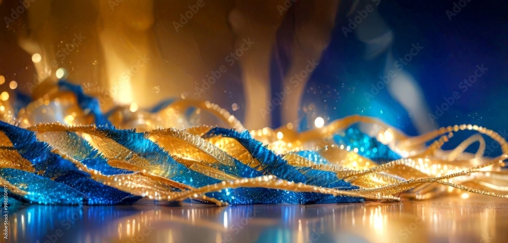 Poster a close-up view ribbon with blue and gold strands, creating a shimmering and textured effect The background is blurred, suggesting a bokeh effect with a warm, golden glow