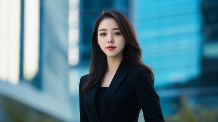 Fototapeta premium The portrait of a confident Asian woman, dressed in a sharp black suit, standing outdoors with the blurred skyline of a modern business center in the background, highlighting her b