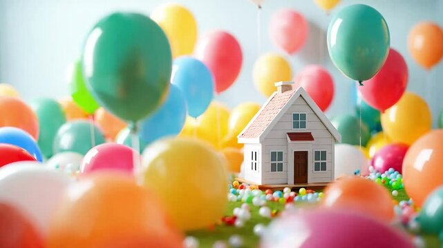 An artistic shot of a mini house model surrounded by colorful balloons, representing the celebration and joy of buying or selling real estate	