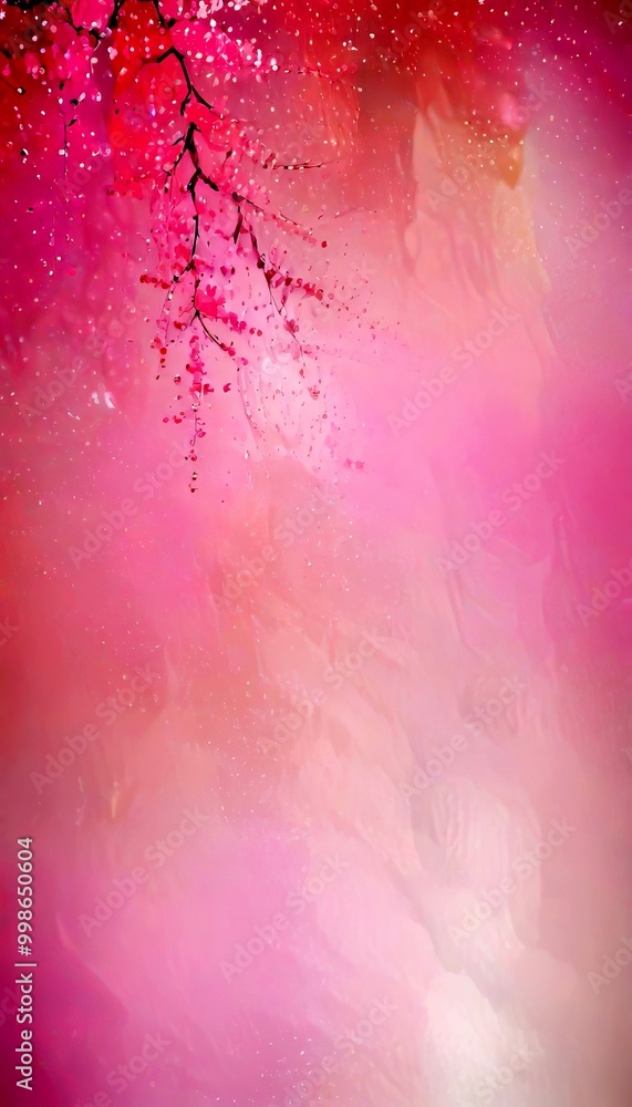 Poster a close-up view of cherry blossom branches with pink flowers against a soft pink and white gradient 