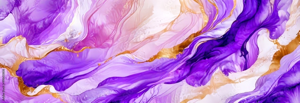Poster a vibrant abstract pattern with swirling purple and gold hues, creating a dynamic and visually strik