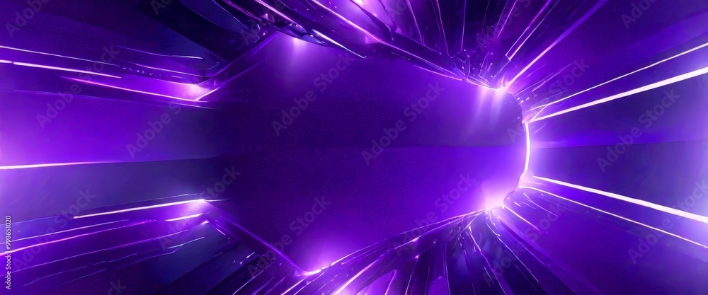 Poster a futuristic tunnel with a purple glow, featuring a central opening and radiating lines extending outwards, creating a sense of depth and dimensionality