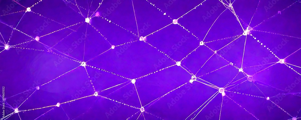 Poster a close-up view spider web with numerous interconnected strands, creating a complex network against a purple background