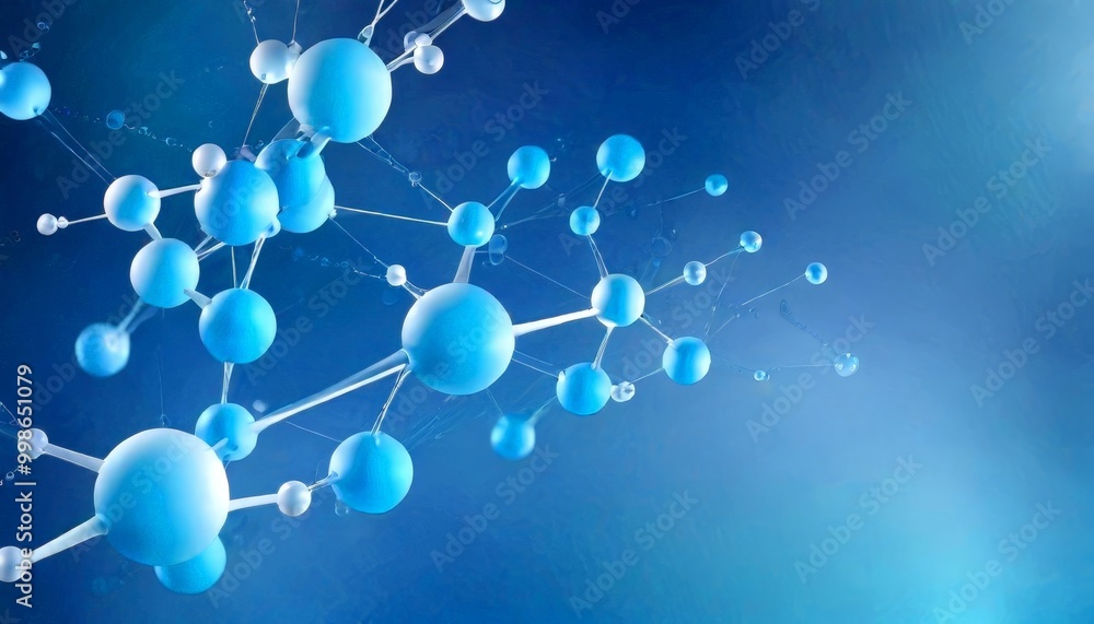 Poster a complex network of interconnected blue spheres, resembling a molecular structure, set against a gr