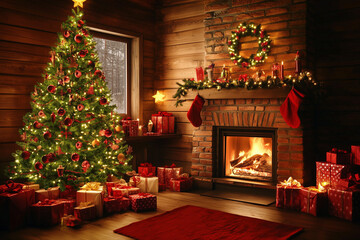 Interior Christmas Scene with Glowing Tree, Fireplace, and Gifts in the Dark