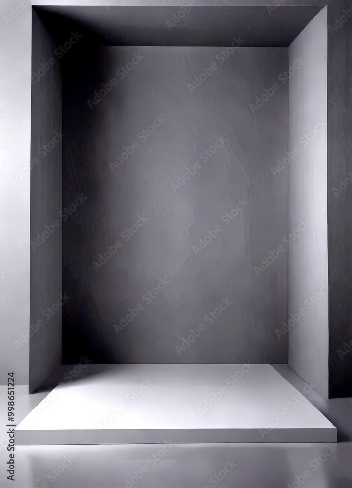Poster a minimalist gray room with a white platform in the center, featuring a simple geometric design