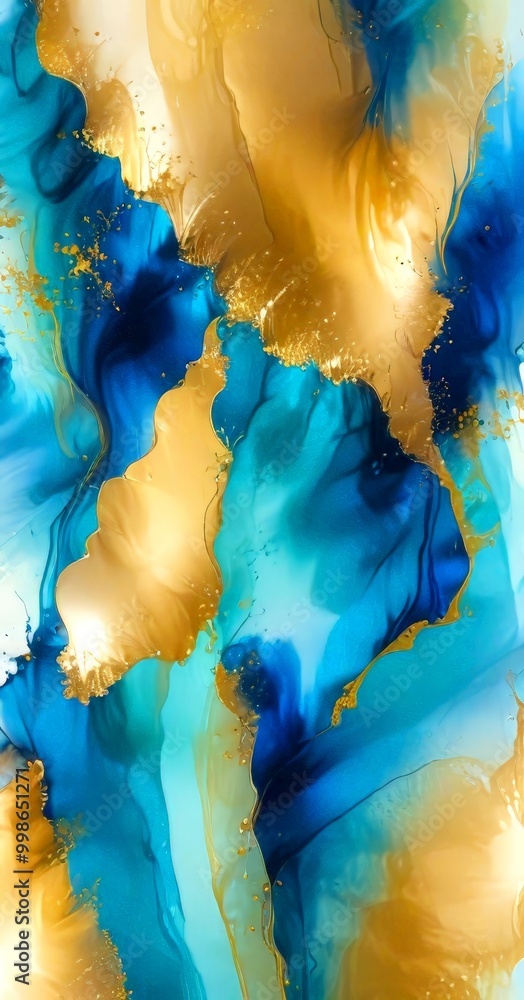 Aufkleber an abstract art piece with swirling patterns of blue, gold, and white colors, creating a dynamic and visually striking composition