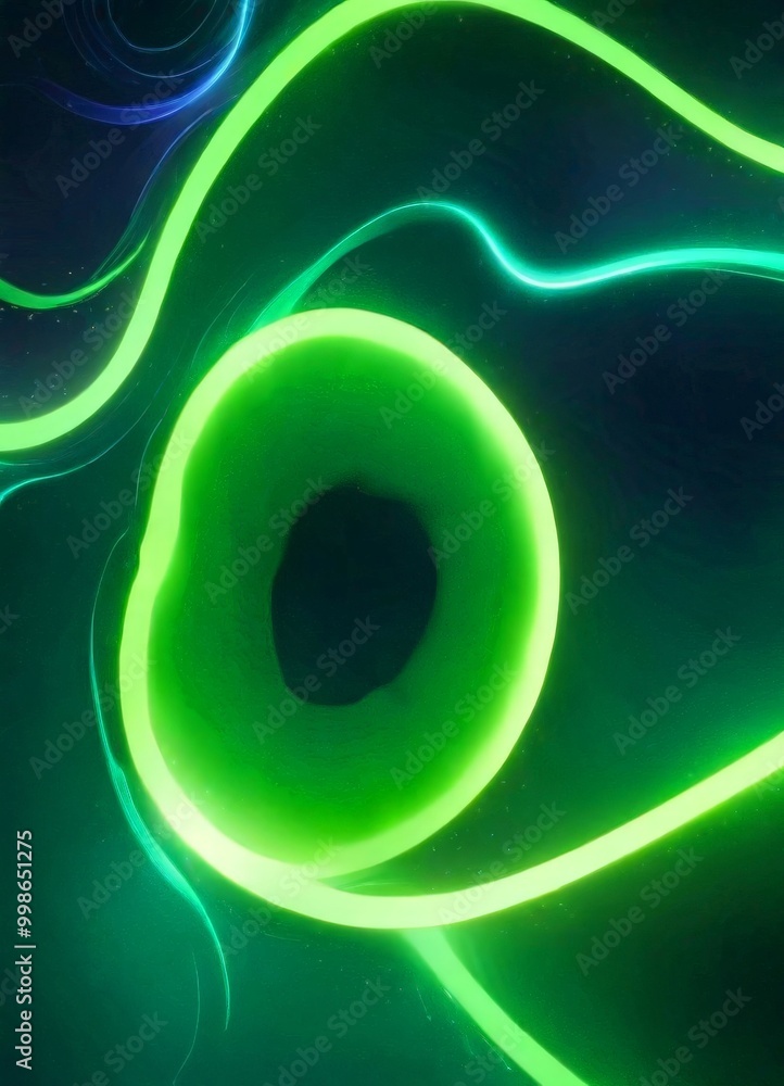 Poster a close-up view glowing green circle with a black hole in the center, set against a dark background 
